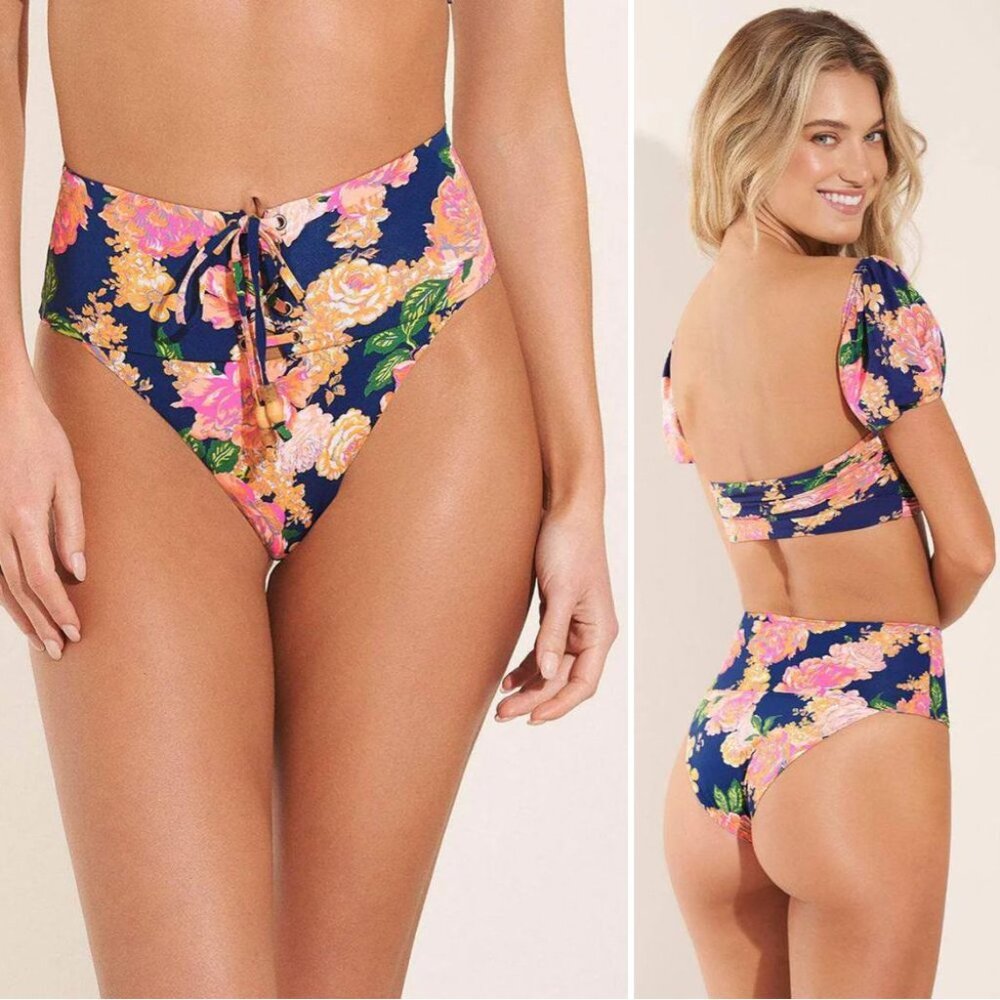 Maaji Peony Applause High Rise Leg Lace up BIKINI BOTTOM Sz M Cheeky Floral NEW